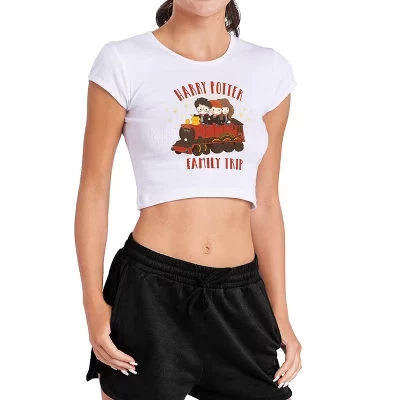 Women's  Family Trip Hogwarts Express Cap Sleeve Baby Rib Crop Top white