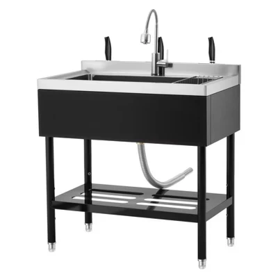 Stainless Steel Utility Sink with Faucet, Freestanding Kitchen Sink with Adjustable Legs, Hot & Cold Water Pipes black