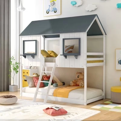 Двухъярусная кровать Twin over Twin House с крышей и окном, деревянный пол, каркас двухъярусной кровати с перилами, лестница для детей и подростков, белый