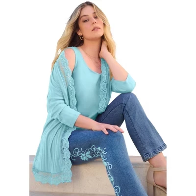 Женский кардиган Roaman's с ажурной отделкой, бирюзовый