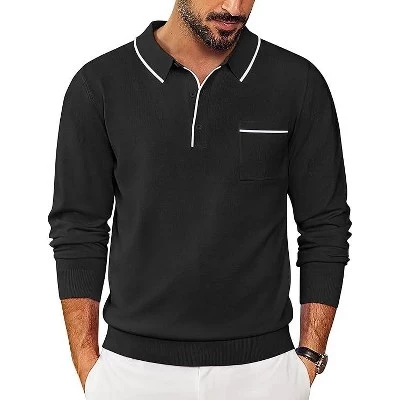 Mens Knit Polo Long Sleeve Collared Sweater Polo Business Casual Polos with Pocket black