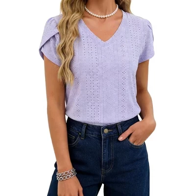 Женская блузка с V-образным вырезом и вышивкой в виде ушек и короткими рукавами с оборками - повседневная трикотажная футболка для повседневной носки, бранча и офиса фиолетового цвета
