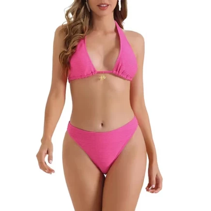 Women's Halter Ribbed Bikini Sets Wide Strap Tie Back Triangle Bottoms Swimwear Bathing Suits 2 Pieces roes red
