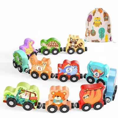 Wooden Magnetic Animal Train for Toddlers – Learning Toy with 11 Animal Cars train forest animal