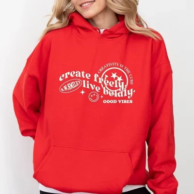 S.W.Smiley Create Freely Live Boldly - женская толстовка с капюшоном и рисунком красного цвета