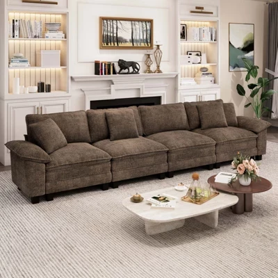 157,5-дюймовый модульный секционный диван Cloud Comfy из 4шт, диван для гостиной с глубоким сиденьем, темно-серый из вельветовой и синелевой ткани