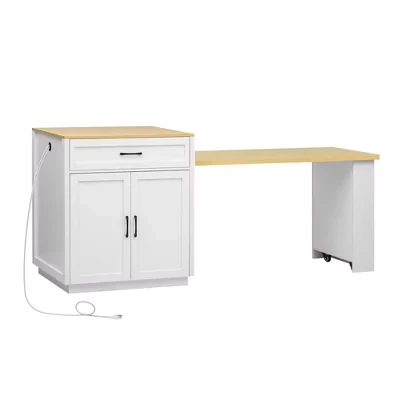 Extendable Dining Table Black Faux Marble Top 82.7 in. Kitchen Island with Double-Sized Storage, Power Outlet white