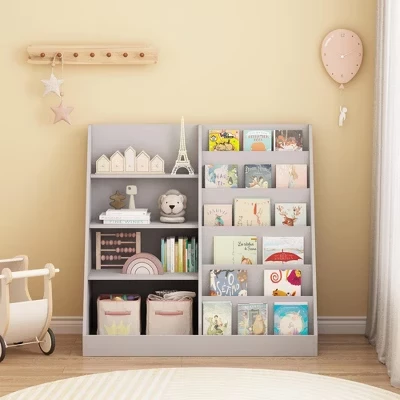Modern Kids Bookshelf,Multifunctional Wooden Bookcase with Display Shelves,Display Book Shelves for Bedroom,Living Room,Playroom gray