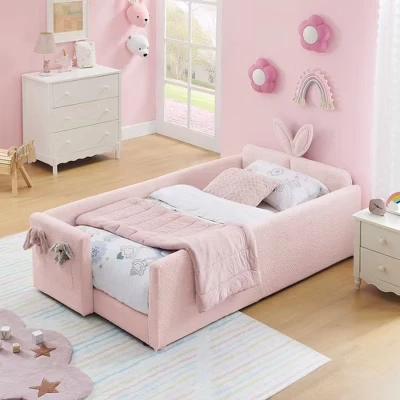 Детская кроватка Twin Size с кроличьей обивкой, изголовьем в форме кроличьих ушек и поручнем безопасности, симпатичная кровать-платформа для малыша, Детская розовая