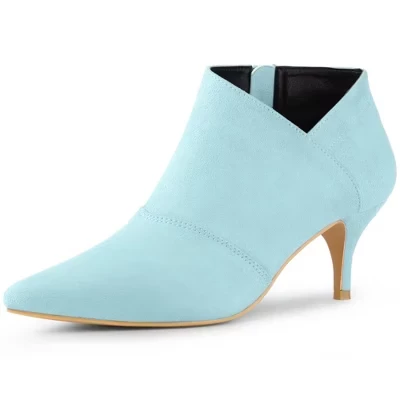Women's Pointed Toe Kitten Heel Cut-out Ankle Booties light blue