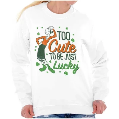 Женская толстовка с круглым вырезом Olive Oyl Too Cute Irish Luck Clovers лицензионного белого цвета