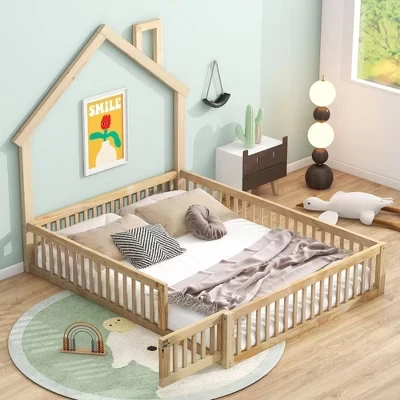 Кровать-платформа Twin/Full House с перилами, каркас кровати из цельного дерева для детей и подростков, Пружинный блок не требуется.