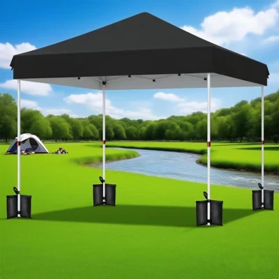 Палатка с всплывающим навесом размером 10x10/ 20 футов, легкий открытый навес 3-х высотной конструкции, сумка на роликах и 6 мешков с песком для патио, пляжа, вечеринок черного цвета