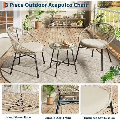 Уличный набор для бистро Acapulco Patio Bistro из 3 предметов, мягкие стулья и стол со стеклянной столешницей, Всепогодные синие стулья для балкона, бассейна, сада, заднего двора белого цвета