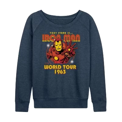 Женская футболка в стиле Iron Man Band, легкая французская махровая рубашка с широким вырезом и длинным рукавом в графическом стиле heather indigo