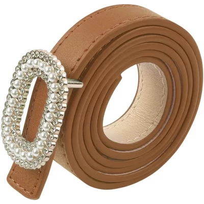 Женский тонкий ремень из искусственной кожи, женский ремень с жемчужной пряжкой и стразами для джинсовых брюк коричневого цвета