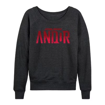 Women's -  - Andor Logo Lightweight French Terry Wide Neck Long Sleeve Graphic Shirt heather charcoal