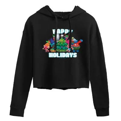Женская укороченная толстовка с капюшоном Happy Holidays Branch and Friends с рисунком, черная