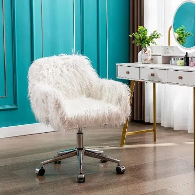 Modern Faux Fur Office Chair, Height Adjustable Makeup Vanity Chair with Gold Plating Base & Metal Frame, Desk Chair Fluffy Chair for Girls white
