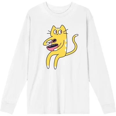 Взрослая футболка с длинным рукавом Derpy Kitty Cat с розовой миской, белая