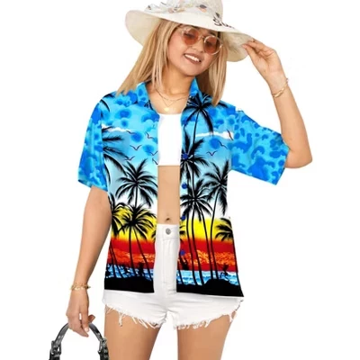 Гавайские рубашки женские s Funky Vacation Button Up Повседневная летняя пляжная блузка для вечеринок, топы, рубашки с коротким рукавом, маскировка для женщин