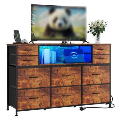 10 Drawers Dresser for Bedroom, Chest of Drawers with Fabric Bins, TV Stand with Power Outlet, Clothes Storage Organizer for Living Room, Brown brown