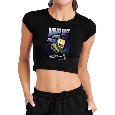 Women's  Robot Chef Cap Sleeve Baby Rib Crop Top black