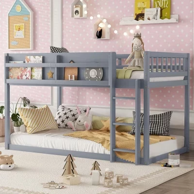 Двухъярусная кровать Twin Over Twin Floor с лестницей, Двухъярусная кровать из цельного дерева для детей и юниоров - серая