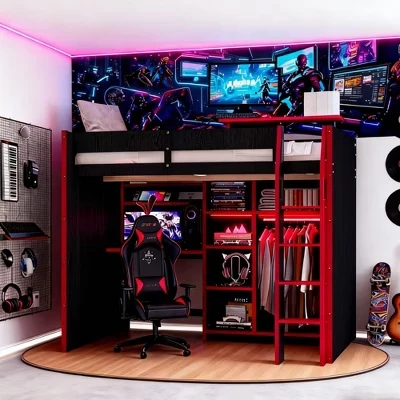 Игровая кровать-чердак с письменным столом, RGB-подсветкой и местом для хранения вещей, Полноразмерная компактная кровать для подростков и взрослых красного цвета