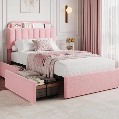 Каркас кровати Twin XL с изголовьем для хранения вещей, Каркас кровати для девочек с 2 выдвижными ящиками, Обитая букле кровать на платформе с книжным шкафом, пружинный блок не требуется, розовый