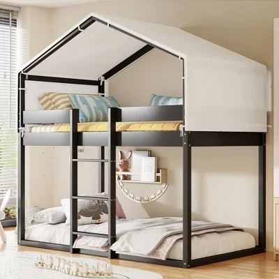 Двухъярусная кровать Twin over Twin House с тентом и просторным местом под кроватью, деревянная двухъярусная кровать Идеально подходит для мальчиков и девочек.