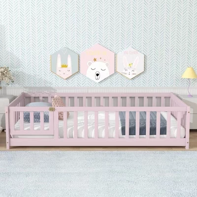 Bellemave Twin Floor Bed with Fence & Door, Low Profile Montessori Kids Bed Frame, Solid Rubber Wood, Safety Guardrails, Easy Assembly pink