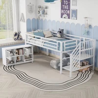 Twin Size Metal Bookcase Loft Bed with Stairs & Storage Cubby,Contemporary Bed Frame for Bedroom,Kids Room white