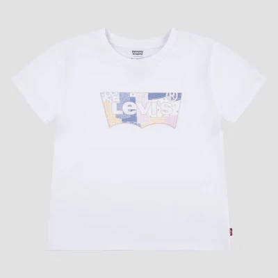 Футболка Levi's® для девочек в стиле пэчворк с коротким рукавом и крыльями летучей мыши - Белая
