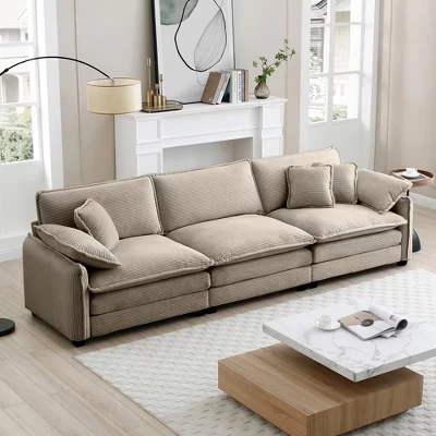 Современный 3-местный секционный диван Johnson Mid-Century Modern 115,34 дюйма, обитый деревом и вельветом, цвета хаки