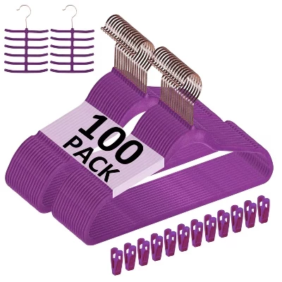 Бархатные вешалки для одежды VECELO 25/30/50/60/100 pk Нескользящие и компактные Вешалки для одежды с зажимами для пальцев и вешалкой для галстуков 9 цветов фиолетовый