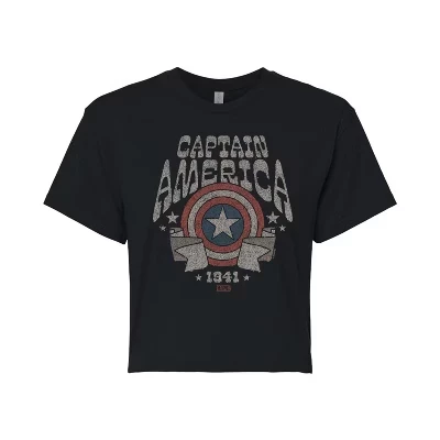 Women's -  - Captain America Band Tee Style Cropped Graphic T-Shirt black