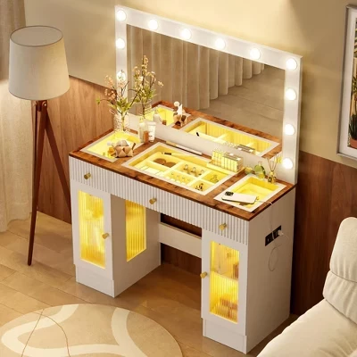 Туалетный столик Okak с большим зеркалом и LED, бежевый