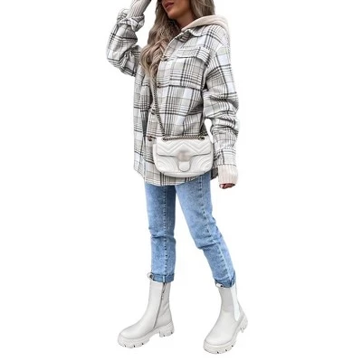 Женская клетчатая куртка с капюшоном из флиса с длинным рукавом, осенне-зимнее теплое пальто