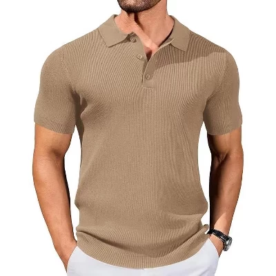 Мужские трикотажные рубашки поло Slim Fit, деловой легкий свитер поло, повседневная летняя футболка с ребристым текстурированным воротником цвета хаки