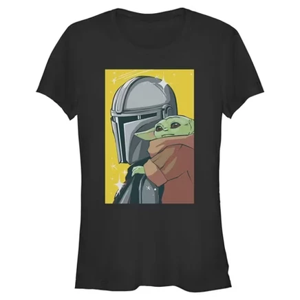 Женская футболка Juniors Womens : Мандалорец и Грогу в ретро-анимации The Child Art, черная