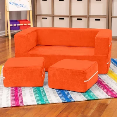 Zipline Kids Modular Loveseat & Ottomans/Fold Out Lounger mandarin