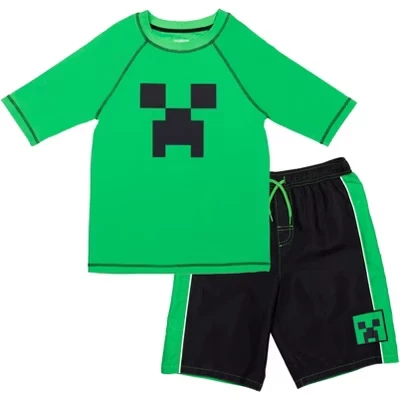 Реглан Rash Guard и плавки UPF 50+ Комплект одежды от Little Kid до Big Kid зеленый / черный
