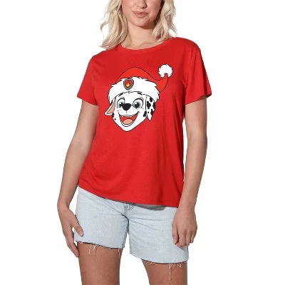 Women's Paw Patrol Marshall Santa Hat Loose T-Shirt red