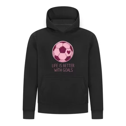Спортивная коллекция Life-Is-Better-With-Goals Пуловер с капюшоном для девочек–футболистов - Розовый свитшот с изображением мяча в виде сердца черный