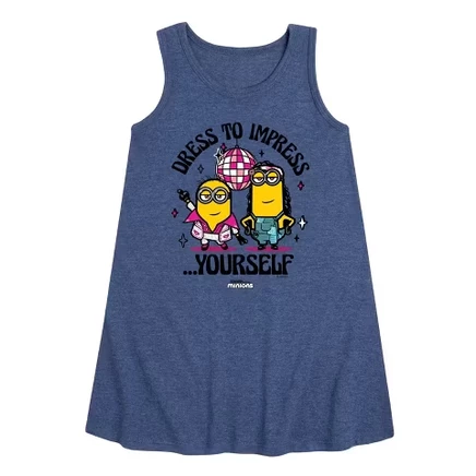 Girls' -  Minions - Dress To Impress Yourself Graphic Sleeveless Aline Dress heather navy
