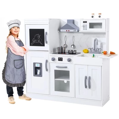 Игровая кухня для детей, Деревянная игровая кухня с системой хранения игрушек, Игрушечный кухонный набор с игровыми функциями, Дизайн детской игровой кухни, Подарок для детей от 3 лет, белый