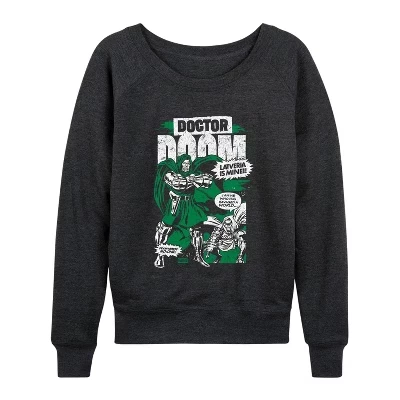 Women's -  - Dr. Doom Magazine Lightweight French Terry Wide Neck Long Sleeve Graphic Shirt heather charcoal