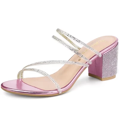 Women's Rhinestone Instep Strap Block Heel Slide Sandals