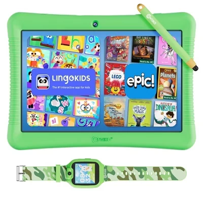 K102 Kids Tablet Bundle – 10-дюймовый планшет на 32 ГБ с 14 обучающими приложениями, Lingokids и Epic! + Детские умные часы KW1 для мальчиков и девочек в возрасте от 3 до 12 лет зеленого цвета.